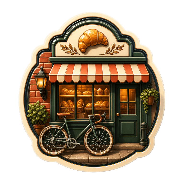 Round Bakery Front badge showing a warm storefront with a bicycle parked outside