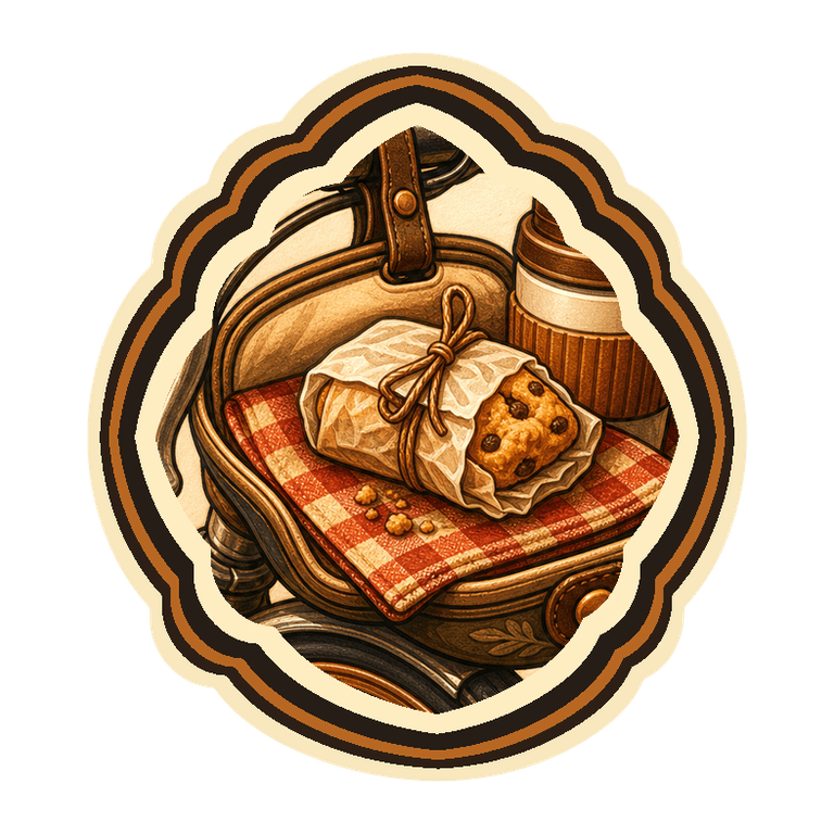 Round Tiny Snack Break badge with a small wrapped bite, crumbs and handlebar detail