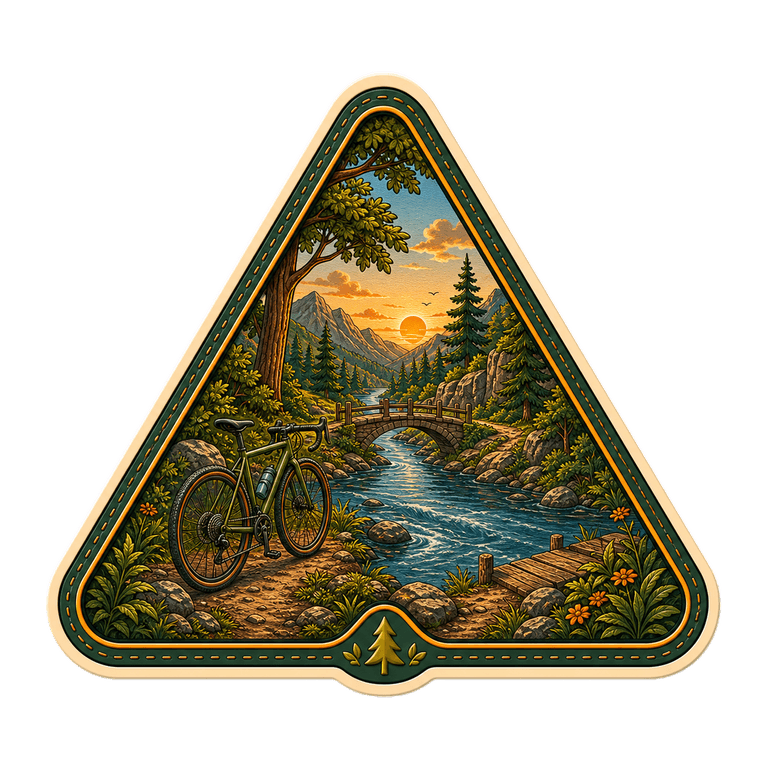 Triangular River Stop badge with a blue river bend, bank and tiny bicycle silhouette
