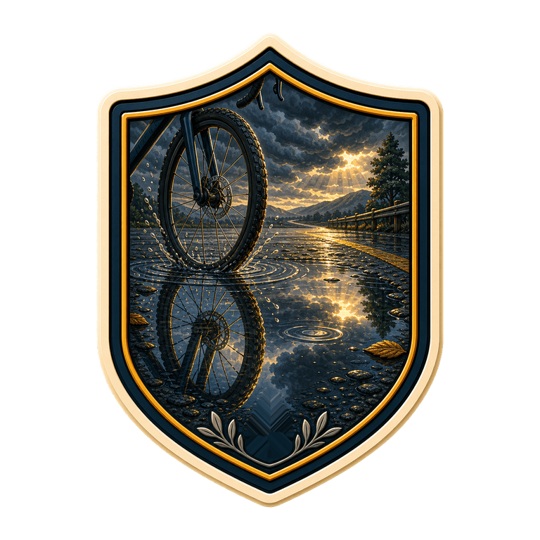 Shield-shaped Puddle Shot badge with a wheel reflection, blue-grey road and golden highlight