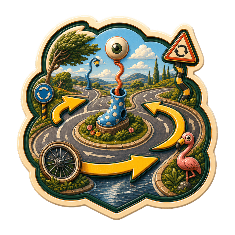 Cartoon Roundabout badge with circular arrows and a confused bicycle wheel